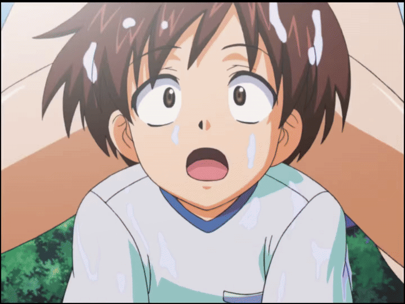 mifune densuke, misono kirika, eiken, animated, animated gif, anime screenshot, 1boy, 1girl, banana, breast rest, breasts, breasts on head, brown hair, food, fruit, happy, holding, holding food, huge breasts, open mouth, purple hair, shirt, smile, white shirt
