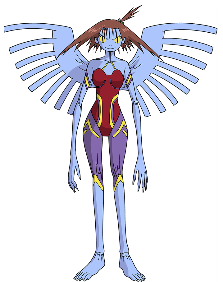 d-reaper, d-reaper adr-01, bandai, digimon, digimon new century, digimon tamers, official art, 1girl, :>, black eyes, blue skin, breasts, brown hair, claws, colored sclera, colored skin, evil smile, full body, impossible clothes, leotard, long arms, long legs, looking at viewer, monster girl, red leotard, side ponytail, smile, solo, spiked hair, strapless, strapless leotard, transparent background, wide hips, wings, yellow sclera