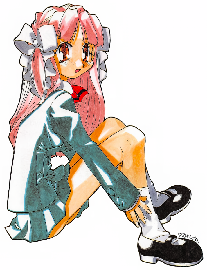 akatsuki gomoku, final romance 4, non-web source, official art, 1girl, aqua jacket, aqua skirt, black shoes, blazer, bow, full body, hair bow, jacket, knees up, long hair, long sleeves, mary janes, miniskirt, open mouth, pink hair, pleated skirt, red eyes, shoes, simple background, sitting, skirt, solo, white background