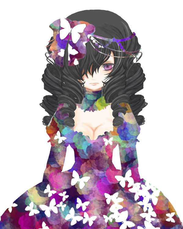 pantera, katekyo hitman reborn!, 00s, 1girl, black hair, bow, breasts, bug, butterfly, cleavage, dress, female focus, insect, lolita fashion, medium breasts, purple eyes, solo