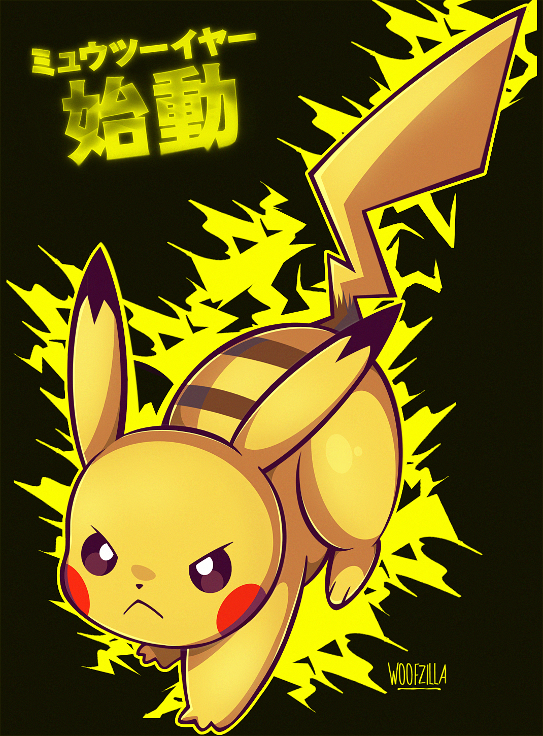 woofzilla, pikachu, nintendo, pokemon, pokemon: the first movie – mewtwo strikes back, pokemon (anime), pokemon (classic anime), commentary, english commentary, highres, translation request, :<, black background, electricity, fighting stance, frown, full body, gen 1 pokemon, no humans, outline, pikachutwo, pokemon (creature), simple background, solo, yellow outline