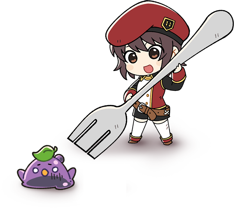 ispin charles, nexon, tales weaver, artist request, official art, second-party source, 1girl, :d, belt, belt buckle, beret, black shorts, black sleeves, brown belt, brown eyes, brown hair, brown shoes, buckle, buttons, chibi, chibi only, emblem, flat color, gold buttons, hat, holding, holding spork, jacket, jellyppi, leaf, legs apart, loose belt, medium hair, multicolored jacket, no nose, open mouth, oversized object, red hat, red jacket, shoes, shorts, sidelighting, sleeve cuffs, slime (creature), smile, spork, standing, thighhighs, two-tone jacket, white eyes, white jacket, white thighhighs, wing collar