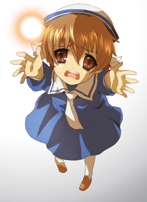izumi (sachikara), okazaki ushio, clannad, bad id, bad pixiv id, 00s, ascot, brown eyes, brown hair, brown shoes, dixie cup hat, dress, hat, military hat, sailor, sailor collar, sailor dress, shoes, short hair, solo, sparkle