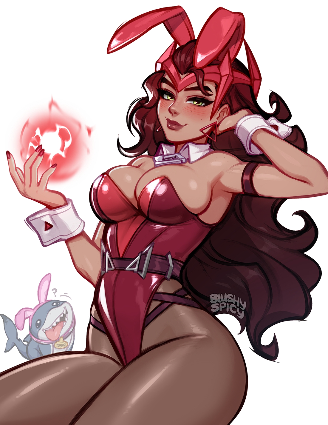 blushyspicy, jeff (marvel), scarlet witch, wanda maximoff, avengers (series), marvel, marvel rivals, commentary, english commentary, highres, 1girl, animal ears, animification, breasts, brown hair, brown pantyhose, detached collar, fake animal ears, highleg, highleg leotard, jewelry, leotard, long hair, looking at viewer, magic, medium breasts, pantyhose, playboy bunny, rabbit ears, simple background, smile, solo, strapless, strapless leotard, wrist cuffs