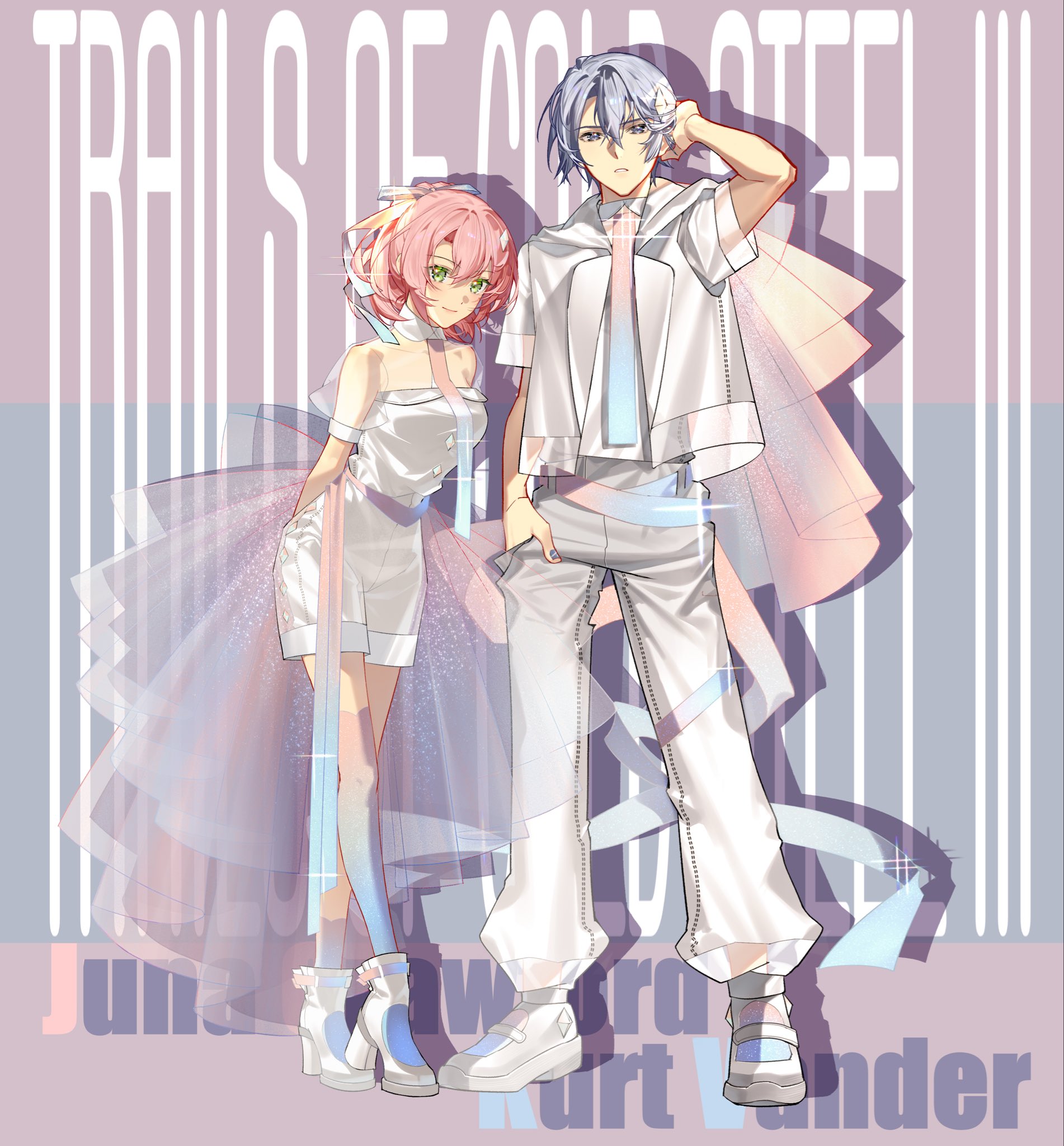 juna crawford, kurt vander, eiyuu densetsu, sen no kiseki, sen no kiseki (series), sen no kiseki iii, highres, 1boy, 1girl, boots, coat, double-parted bangs, dress, english text, full body, gradient background, gradient necktie, green eyes, grey eyes, grey hair, hair between eyes, hand in pocket, high heel boots, high heels, izkasuzu, jacket, looking at viewer, necktie, pants, pink hair, shoes, short-sleeved jacket, short hair, short sleeves, simple background, sleeveless, sleeveless dress, smile, sneakers, solo, white coat, white pants