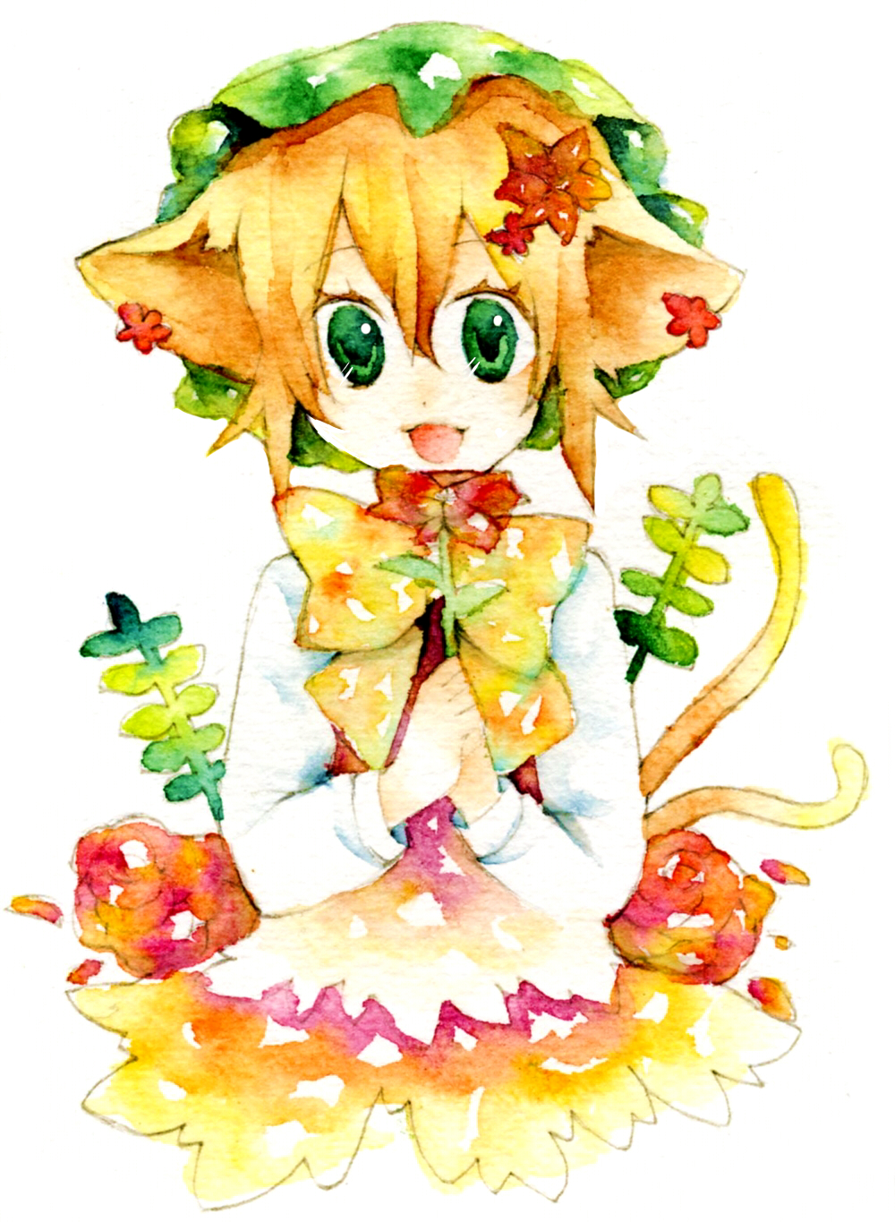 legomaru, chen, touhou, bad id, bad pixiv id, highres, painting (medium), traditional media, watercolor (medium), 1girl, animal ears, brown hair, cat ears, cat girl, cat tail, colorful, female focus, flower, green eyes, hat, plant, ribbon, short hair, solo, tail, white background