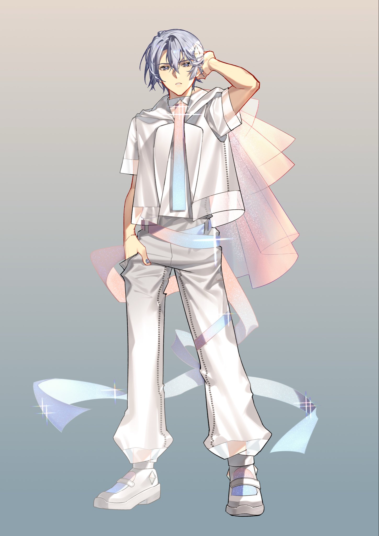 kurt vander, eiyuu densetsu, sen no kiseki, sen no kiseki (series), sen no kiseki iii, highres, 1boy, coat, double-parted bangs, full body, gradient background, gradient necktie, grey eyes, grey hair, hair between eyes, hand in pocket, izkasuzu, jacket, looking at viewer, male focus, necktie, pants, shoes, short-sleeved jacket, short hair, short sleeves, simple background, sneakers, solo, white coat, white pants
