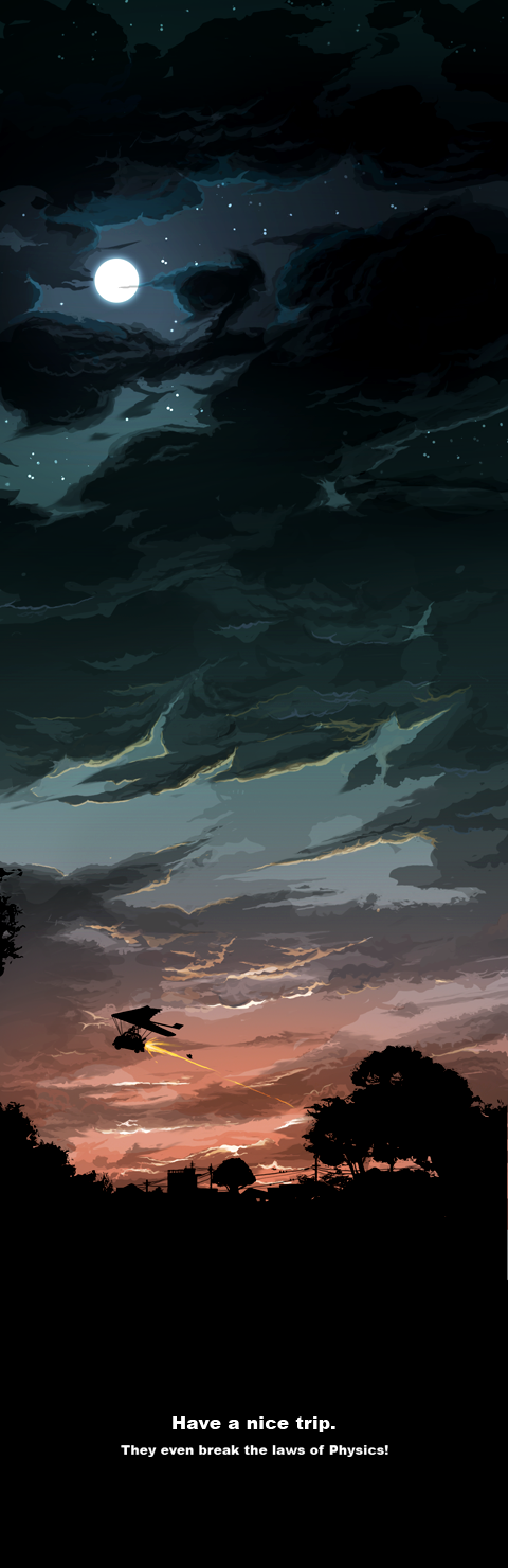 fujiya takao, lupin iii, tms entertainment, highres, long image, tall image, car, cloud, english text, flying, landscape, moon, motor vehicle, scenery, sunset
