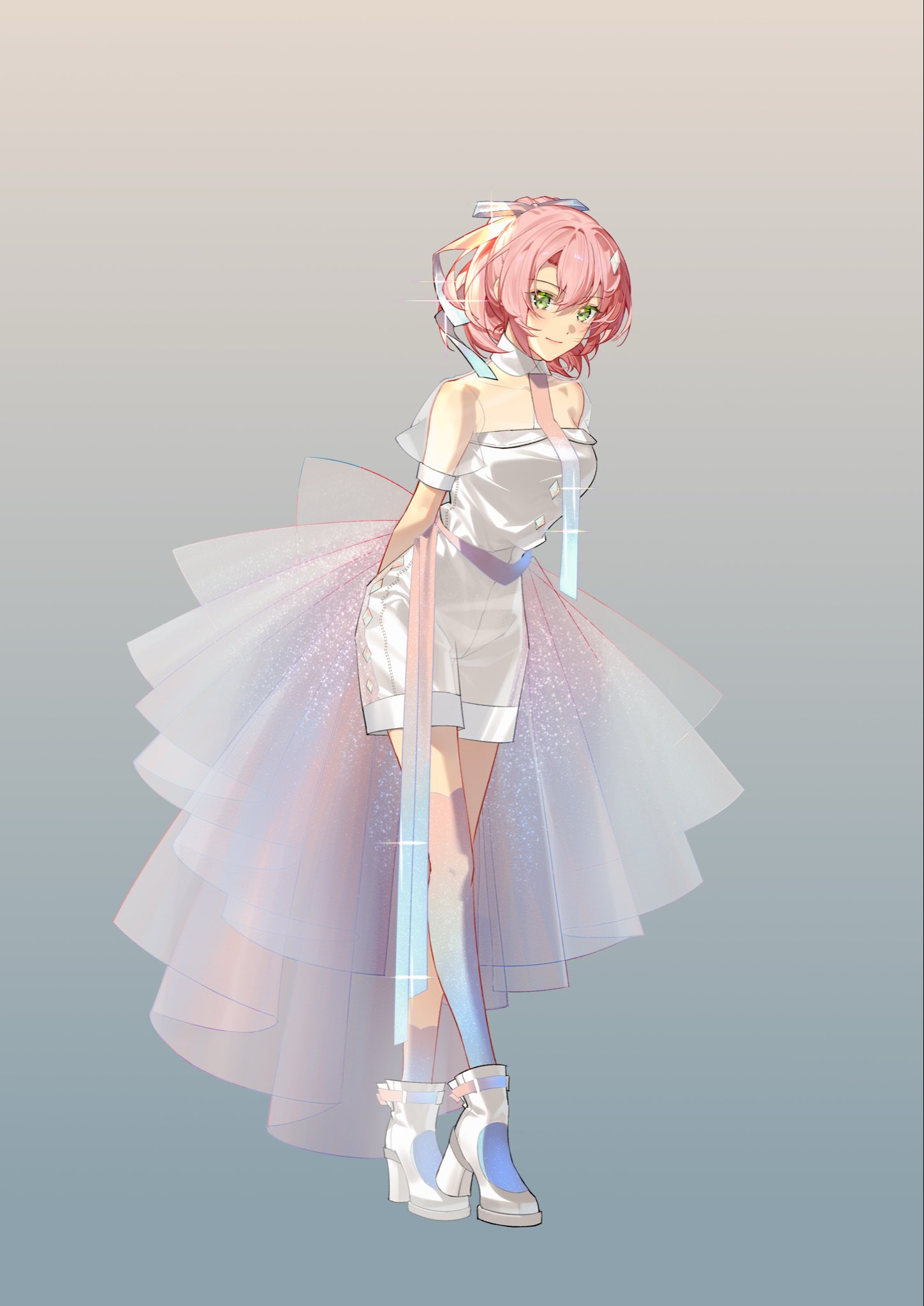 juna crawford, eiyuu densetsu, sen no kiseki, sen no kiseki (series), sen no kiseki iii, highres, 1girl, boots, double-parted bangs, dress, gradient background, green eyes, hair between eyes, high heel boots, high heels, izkasuzu, looking at viewer, pink hair, short hair, simple background, sleeveless, sleeveless dress, smile