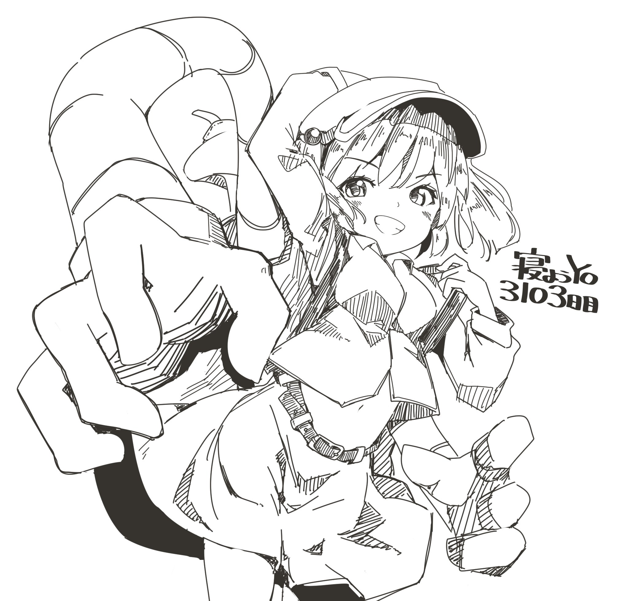 cactas7, kawashiro nitori, touhou, highres, 1girl, backpack, bag, belt, blush, breasts, flat cap, grin, hair bobbles, hair ornament, hat, looking at viewer, mechanical arms, medium breasts, monochrome, navel, smile, solo, teeth, upper body