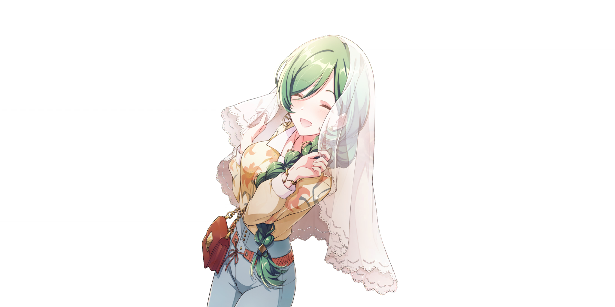 millefeuille (lapis re:lights), lapis re:lights, game cg, highres, official art, third-party source, 1girl, bag, belt, blue pants, braid, breasts, brown bag, brown belt, closed eyes, cowboy shot, dot nose, earrings, facing viewer, floating earrings, floral print shirt, green hair, handbag, hands up, jewelry, long braid, long hair, long sleeves, medium breasts, open mouth, pants, shirt, simple background, single braid, smile, solo, transparent background, veil, very long hair, white veil, yellow shirt