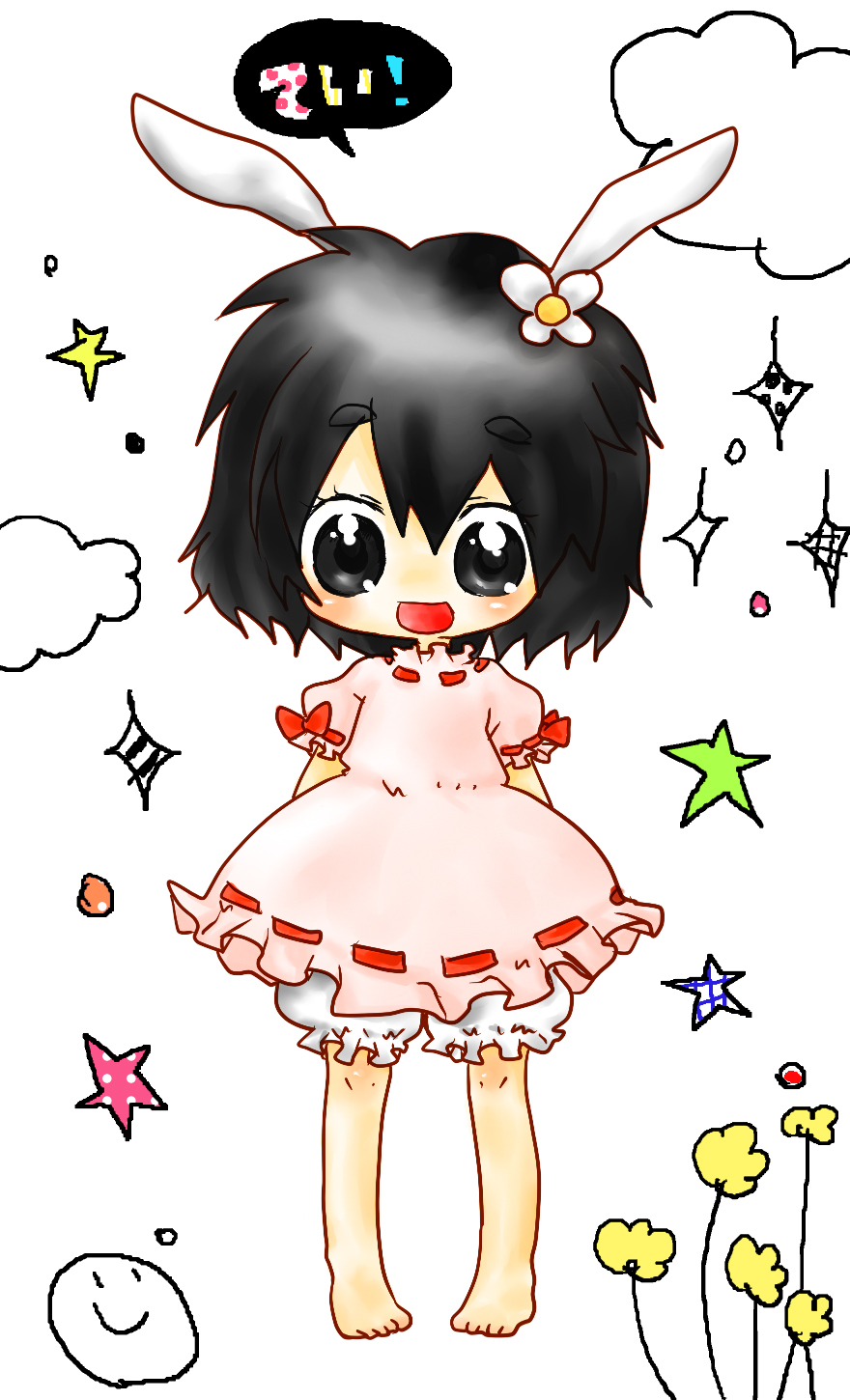 saitou takana, inaba tewi, touhou, bad id, bad pixiv id, highres, 1girl, animal ears, barefoot, black eyes, black hair, chibi, female focus, flower, full body, plant, rabbit ears, short hair, solo, standing, white background