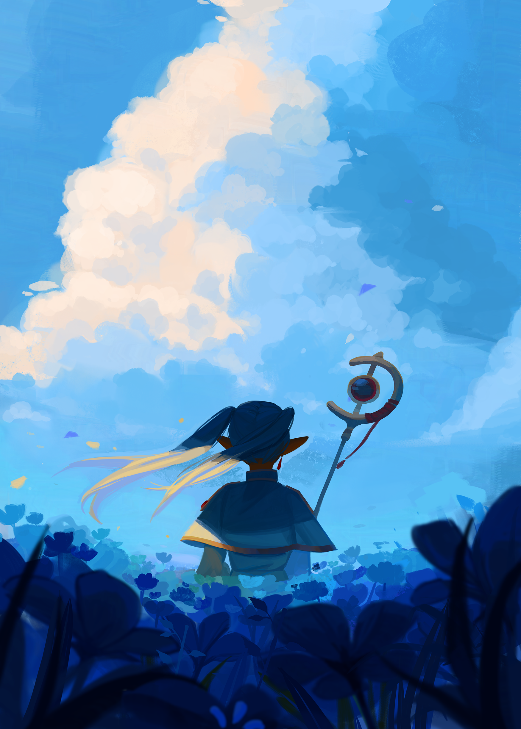 hanromi, frieren, sousou no frieren, absurdres, commentary, english commentary, highres, 1girl, backlighting, blue flower, blue sky, blue theme, capelet, cloud, cloudy sky, cumulonimbus cloud, earrings, elf, facing away, floating earrings, flower, from behind, holding, holding staff, jewelry, mage staff, outdoors, pointy ears, sky, solo, staff, twintails, white capelet, white hair