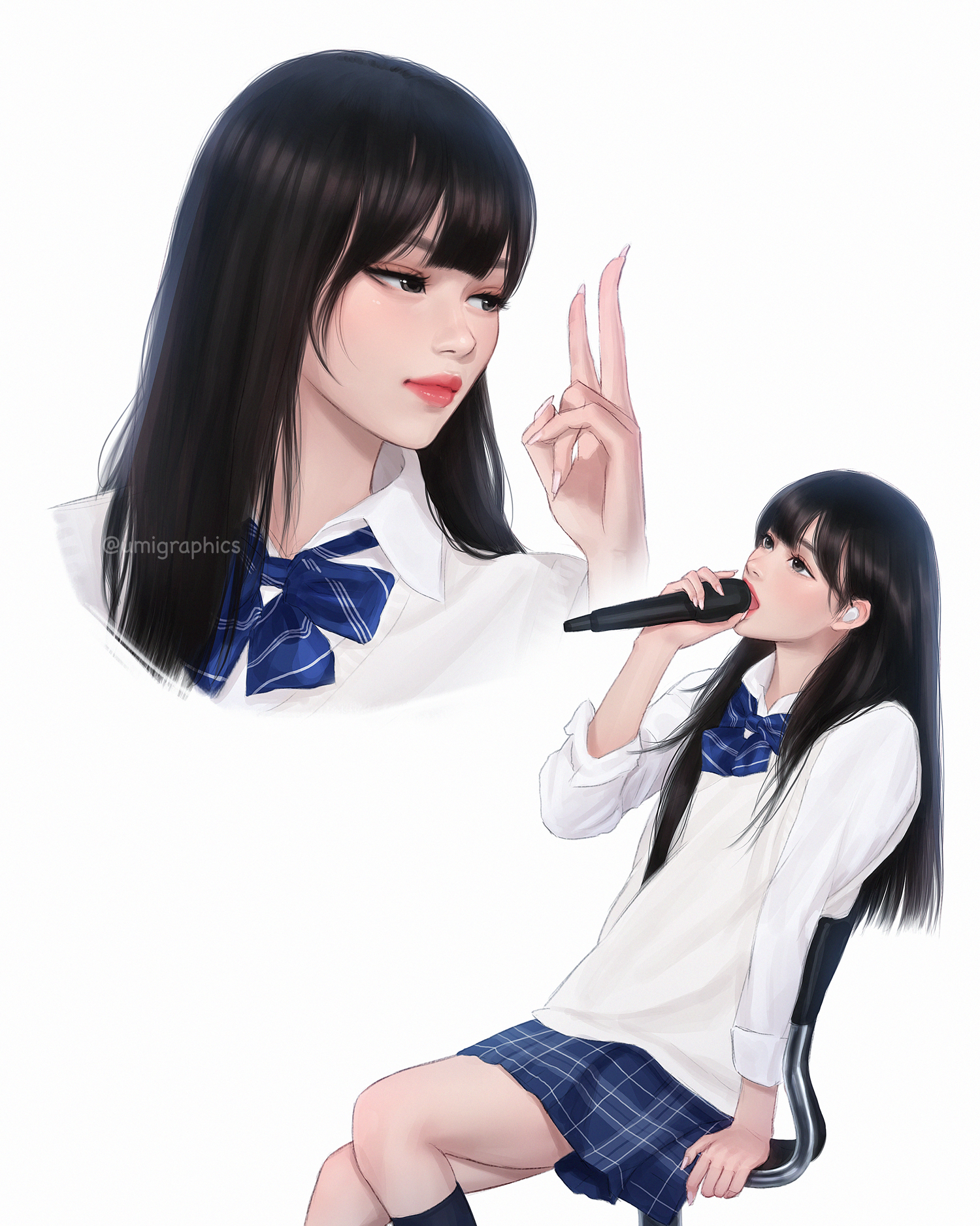 umigraphics, minji (newjeans), newjeans, highres, 1girl, black eyes, black hair, blue skirt, closed mouth, holding, holding microphone, long hair, microphone, multiple views, open mouth, simple background, skirt, twitter username, white background