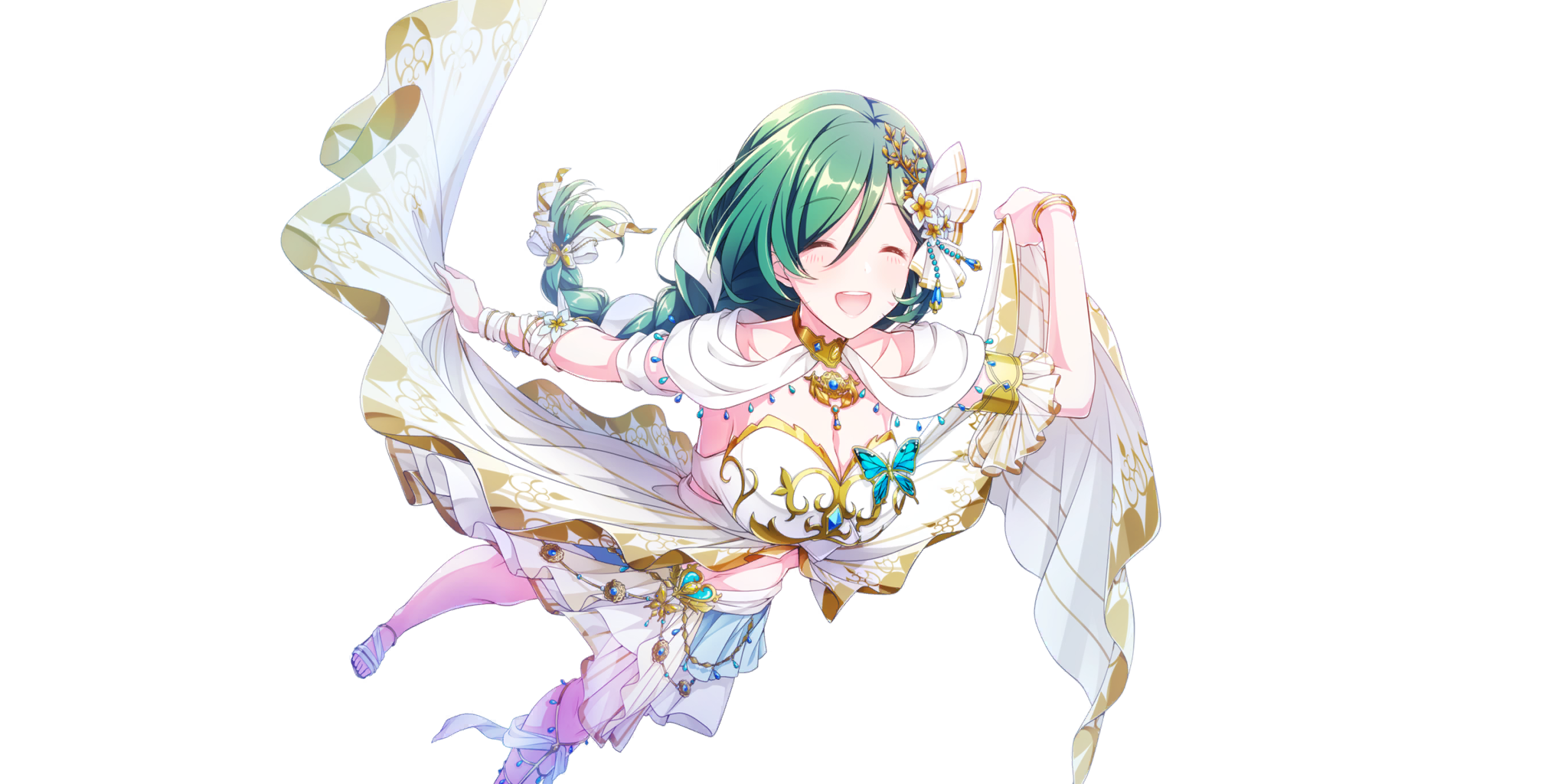 millefeuille (lapis re:lights), lapis re:lights, game cg, highres, official art, third-party source, 1girl, arm up, blush, bow, bracelet, breasts, butterfly ornament, cleavage, dress, facing viewer, flower, green hair, hair between eyes, hair ribbon, heart ornament, jewelry, large breasts, long braid, long hair, open mouth, ribbon, sandals, simple background, skirt hold, smile, solo, teeth, transparent background, upper teeth only, white dress, white flower, white ribbon, yellow bow