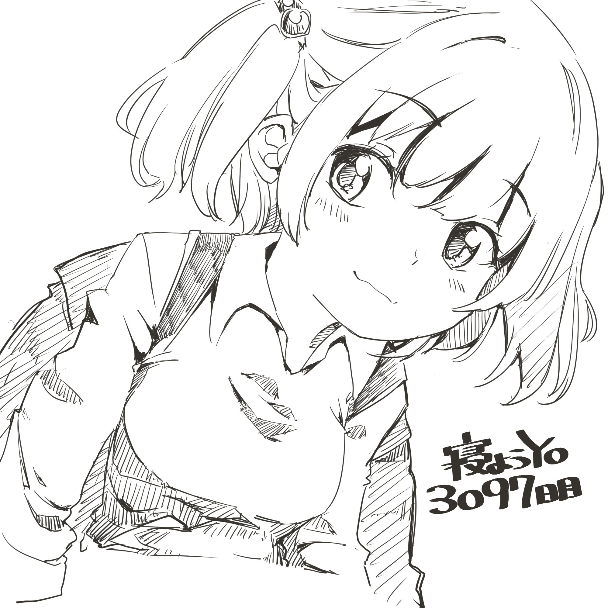 cactas7, kawashiro nitori, touhou, highres, 1girl, backpack, bag, blush, breasts, closed mouth, hair bobbles, hair ornament, long sleeves, looking at viewer, medium breasts, monochrome, no headwear, smile, solo, upper body