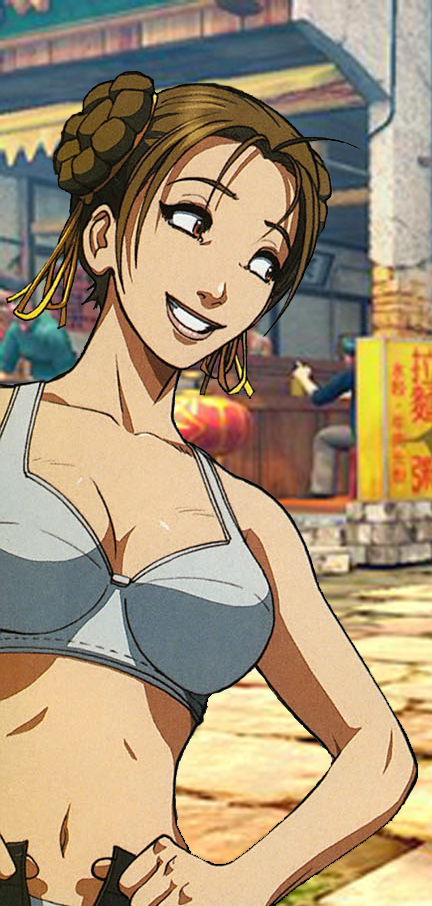 omar dogan, udon entertainment, chun-li, capcom, street fighter, bra, brown eyes, brown hair, lingerie, midriff, open fly, smile, solo, underwear, undressing, unzipped