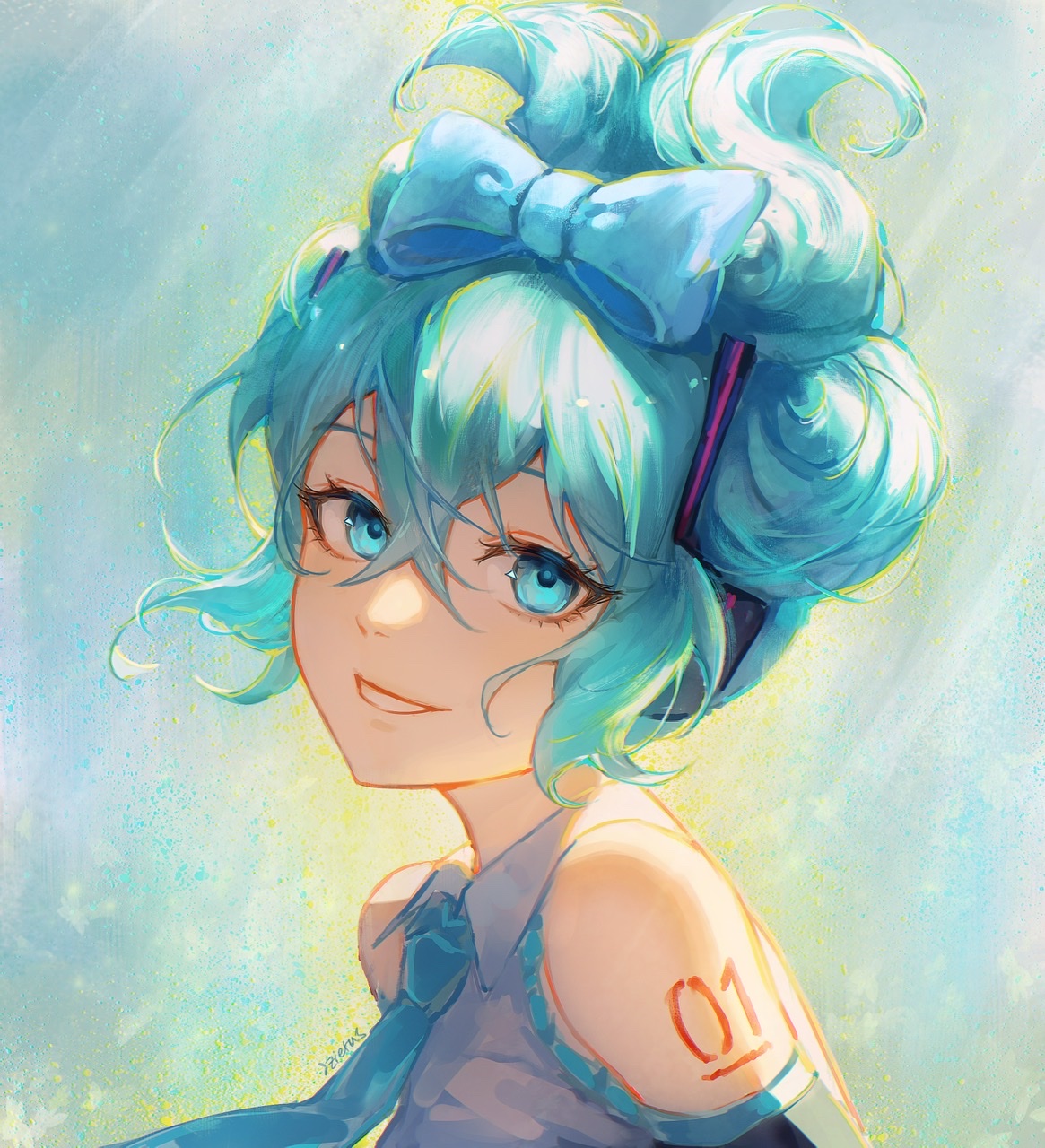 zieru, cinnamiku, hatsune miku, vocaloid, commentary, highres, 1girl, blue eyes, blue hair, bow, collared shirt, detached sleeves, grin, hair bow, hair ornament, headphones, looking at viewer, necktie, portrait, shirt, sleeveless, sleeveless shirt, smile, solo, updo