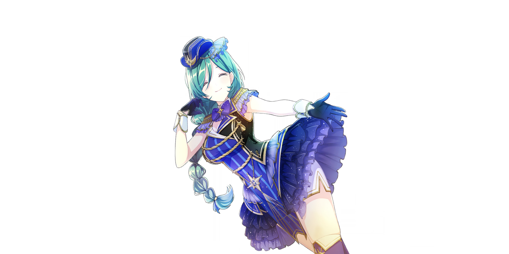millefeuille (lapis re:lights), lapis re:lights, game cg, highres, official art, third-party source, 1girl, black gloves, black vest, blue boots, blue dress, blue hat, blue skirt, boots, bow, bowtie, braid, breasts, cleavage, closed eyes, closed mouth, dress, dutch angle, epaulettes, facing viewer, gloves, hand up, hat, idol, idol clothes, large breasts, layered skirt, long braid, outstretched arm, purple bow, purple bowtie, shorts, shorts under skirt, side slit, simple background, single braid, skirt, smile, solo, thigh boots, transparent background, vest, white shorts