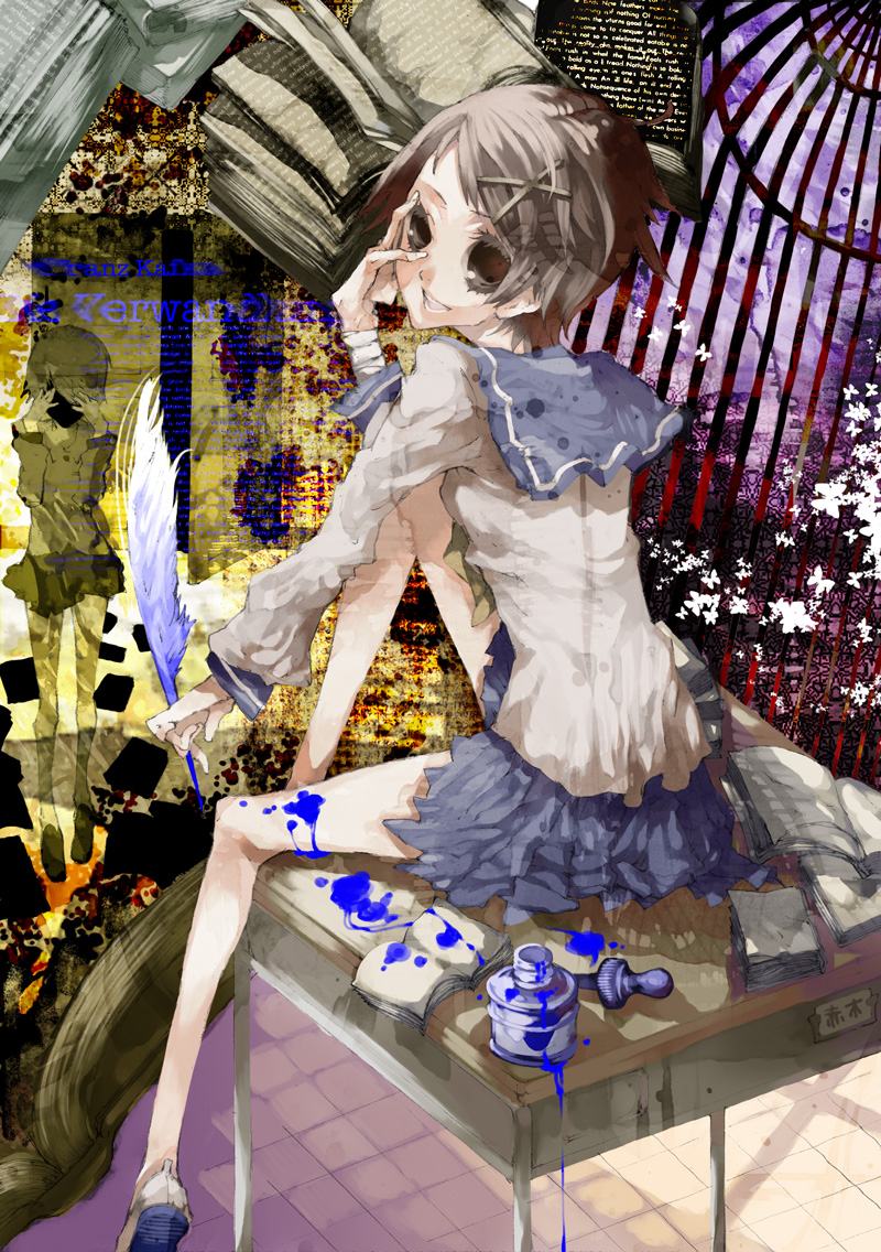 mercre, fuura kafuka, sayonara zetsubou sensei, bad id, bad pixiv id, 00s, book, brown eyes, brown hair, desk, feathers, hair ornament, hairclip, school uniform, serafuku, short hair, sitting, solo
