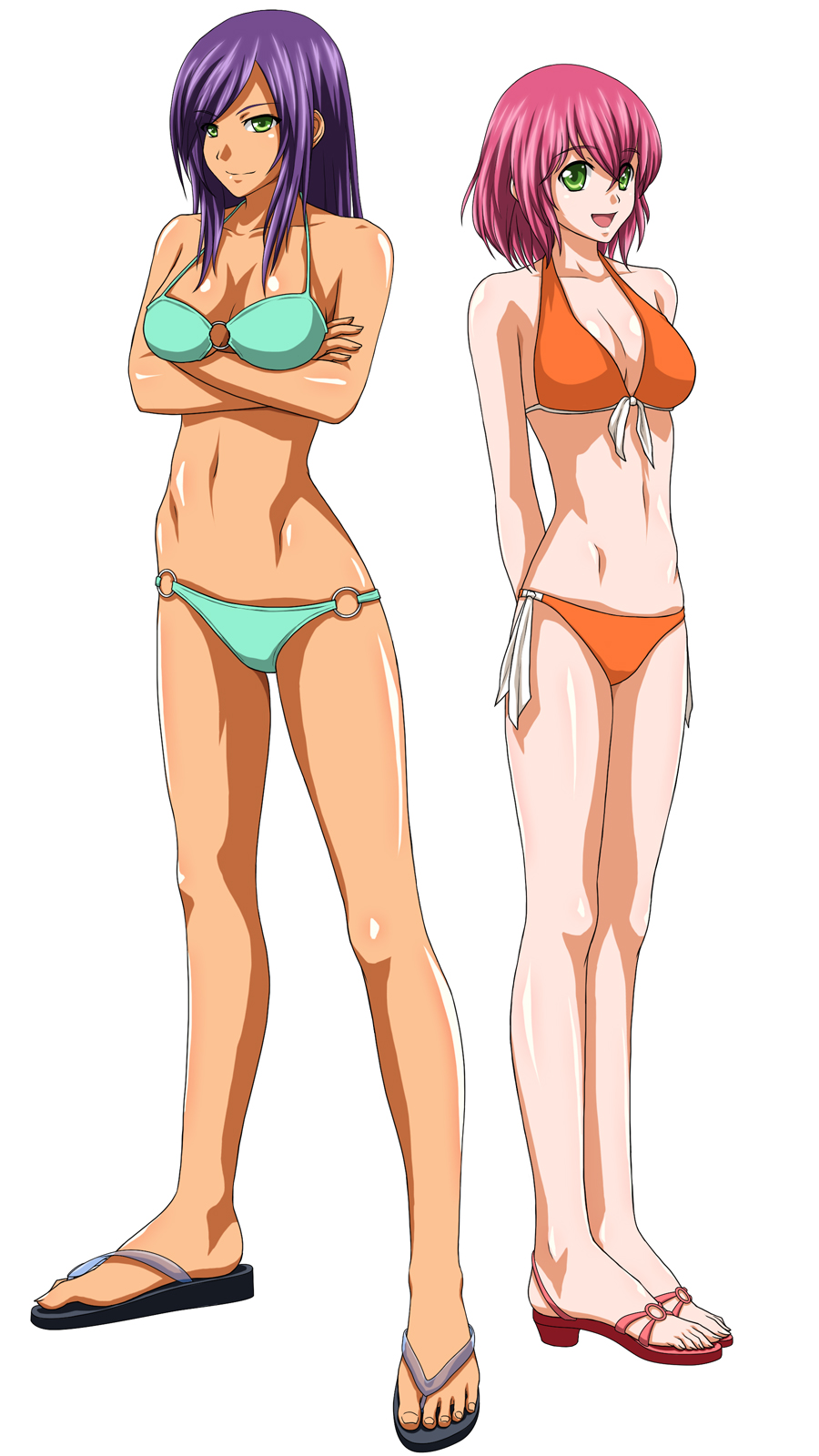 lapis, faris scherwiz, lenna charlotte tycoon, final fantasy, final fantasy v, bad id, bad pixiv id, highres, 1990s (style), 2girls, bikini, crossed arms, dark-skinned female, dark skin, flip-flops, green eyes, long hair, multiple girls, open mouth, orange bikini, pink hair, purple hair, red hair, retro artstyle, sandals, short hair, siblings, sile, sisters, smile, swimsuit