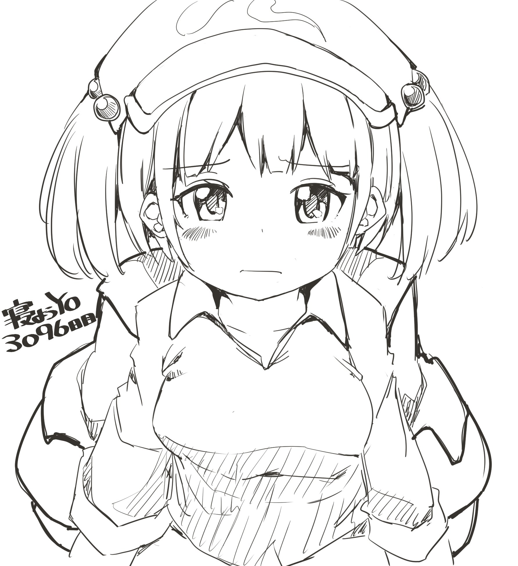 cactas7, kawashiro nitori, touhou, highres, 1girl, backpack, bag, blush, breasts, closed mouth, collarbone, flat cap, frown, hair bobbles, hair ornament, hat, large breasts, long sleeves, looking at viewer, monochrome, solo, upper body
