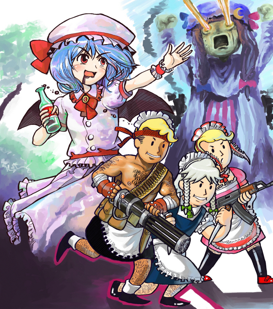 nabdali, izayoi sakuya, kirisame marisa, liberty prime, patchouli knowledge, remilia scarlet, vault boy, fallout, fallout 3, touhou, 2girls, 3boys, alternate costume, apron, blonde hair, bow, braid, chest hair, crossdressing, crossover, energy, energy beam, enmaided, eye beam, folding knife, gun, hair bow, hat, knife, laser, maid, mob cap, multiple boys, multiple girls, nuka cola, parody, switchblade, twin braids, waist apron, waitress, weapon, what