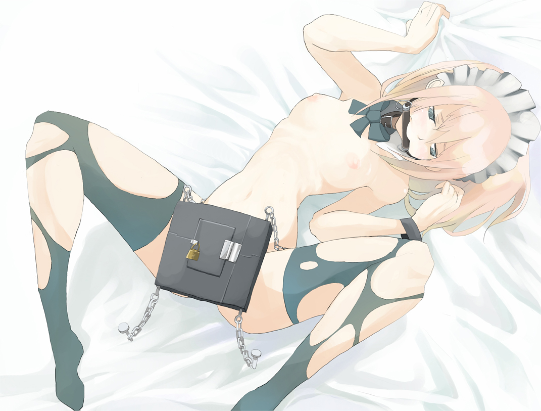 tansuke, takagi (tansuke), original, 1girl, bed, bit gag, black thighhighs, blue eyes, breasts, chain, female focus, flat chest, gag, gagged, green eyes, hairband, lying, maid, maid headdress, nipples, nude, pink hair, ribbon, safe (container), solo, spread legs, stomach, thighhighs, torn clothes, torn thighhighs