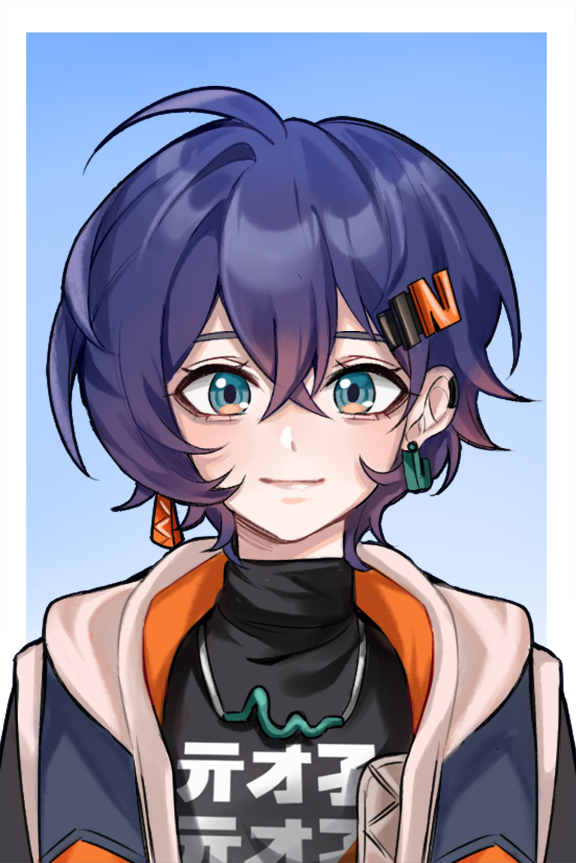 felichiii, belle (zenless zone zero), zenless zone zero, commentary, english commentary, highres, 1girl, black jacket, black shirt, blue background, blue hair, border, closed mouth, crossed bangs, earrings, green eyes, jacket, jewelry, looking at viewer, shirt, smile, white border