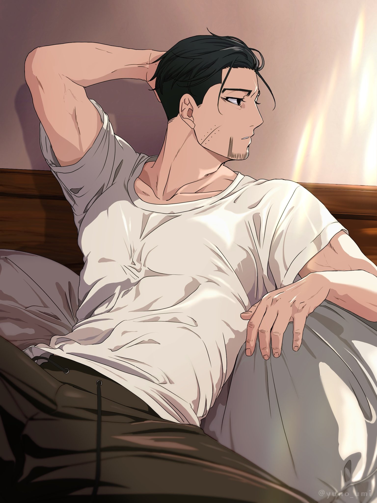 washiko (rasuko), ogata hyakunosuke, golden kamuy, highres, 1boy, adam's apple, arm behind head, black hair, brown pants, collarbone, facial hair, goatee stubble, male focus, pants, pillow, reclining, scar, scar on face, shirt, short hair, short sleeves, solo, spread legs, stubble, undercut, white shirt