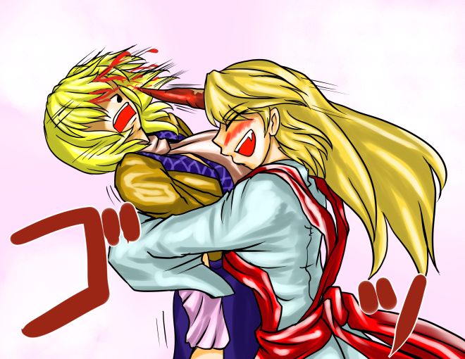 tom (pixiv125018), tom (remisaku), hoshiguma yuugi, mizuhashi parsee, touhou, 2girls, blonde hair, blood, blush, failure, fang, female focus, headbutt, horns, hug, long hair, multiple girls, scarf, short hair, single horn