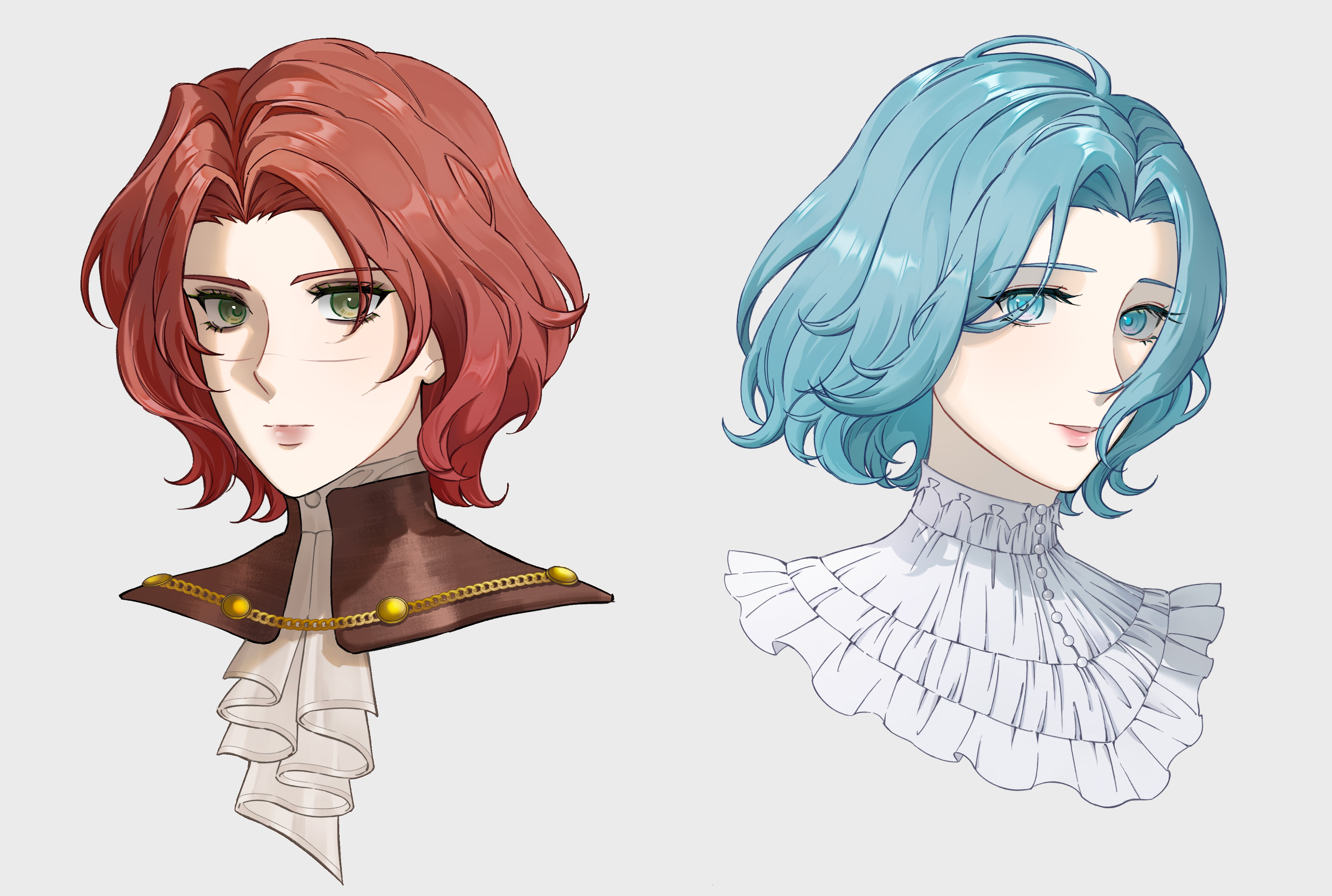 irithyll8157351, sophia monad, lies of p, absurdres, commentary, highres, symbol-only commentary, 2girls, alternate hair length, alternate hairstyle, ascot, blue eyes, blue hair, green eyes, grey background, lea florence monad, lips, looking at viewer, multiple girls, pink lips, red hair, scar, scar on face, siblings, simple background, sisters, smile, white ascot