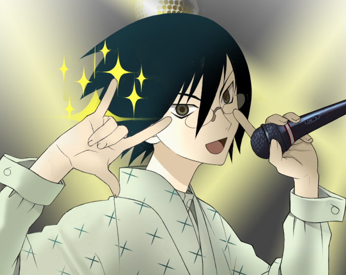 chimachi, itoshiki nozomu, macross, macross frontier, sayonara zetsubou sensei, 1boy, m/, black hair, glasses, green eyes, japanese clothes, kimono, male focus, microphone, parody, seikan hikou, short hair, solo