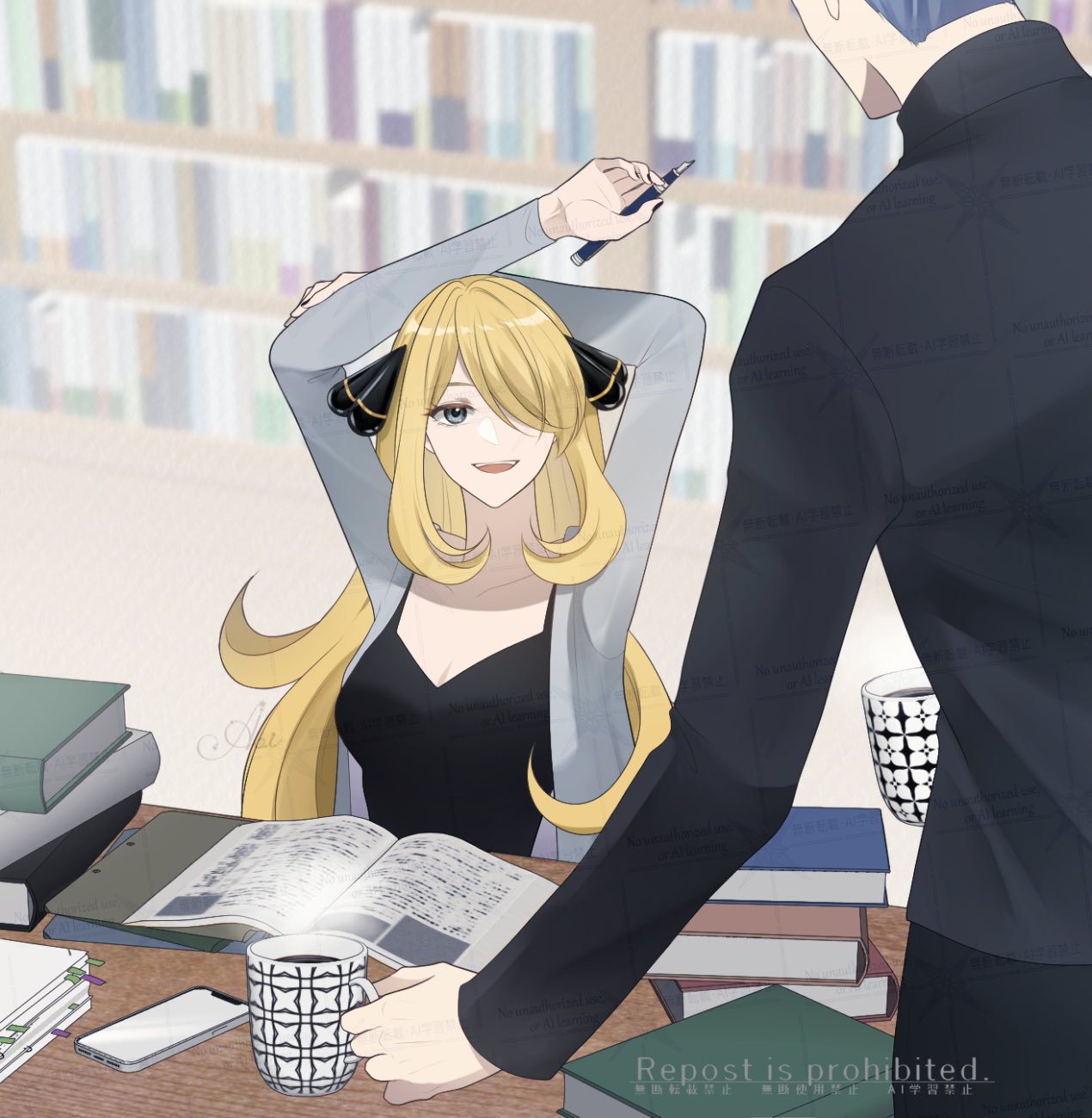 sakaralalala, cynthia (pokemon), nintendo, pokemon, pokemon dppt, highres, 1boy, 1girl, black nails, blonde hair, book, chair, closed mouth, cup, elbows on table, grey eyes, hair ornament, hair over one eye, hand on own head, holding, holding cup, holding pen, leaning on table, long hair, mug, notebook, pen, signature, sitting, smile, smoke, table, very long hair, wardrobe