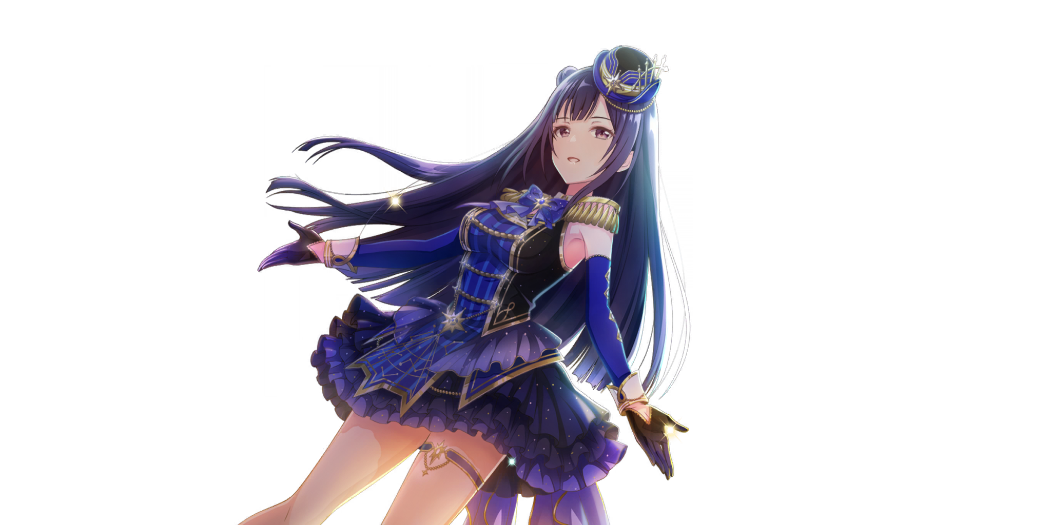 yue (lapis re:lights), lapis re:lights, game cg, highres, official art, third-party source, 1girl, armpits, black gloves, black hat, blue bow, blue bowtie, blue dress, blue sleeves, bow, bowtie, breasts, cowboy shot, detached sleeves, double-parted bangs, dress, epaulettes, gloves, hair bun, hat, looking at viewer, medium breasts, open mouth, outstretched arms, purple eyes, purple hair, simple background, sleeveless, sleeveless dress, smile, solo, sparkle, spread arms, thigh strap, tilted headwear, transparent background