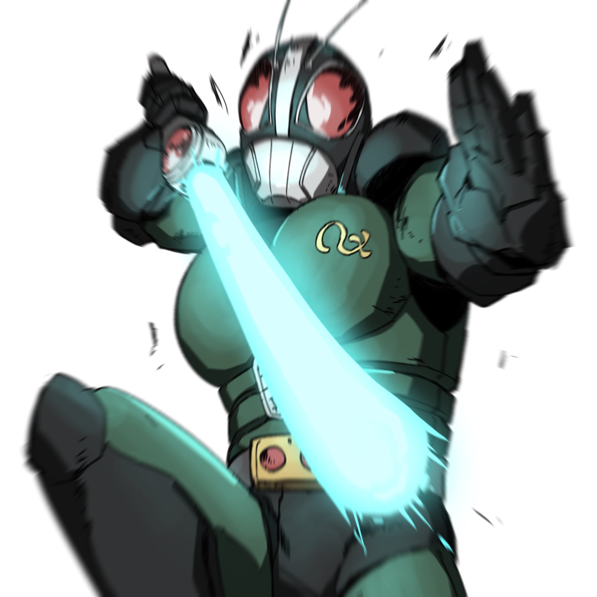 naitsupic, kamen rider black rx, kamen rider, kamen rider black rx (series), highres, 1boy, antennae, armor, belt, energy sword, holding, holding sword, holding weapon, jumping, red eyes, revolcane, rider belt, simple background, sword, weapon, white background