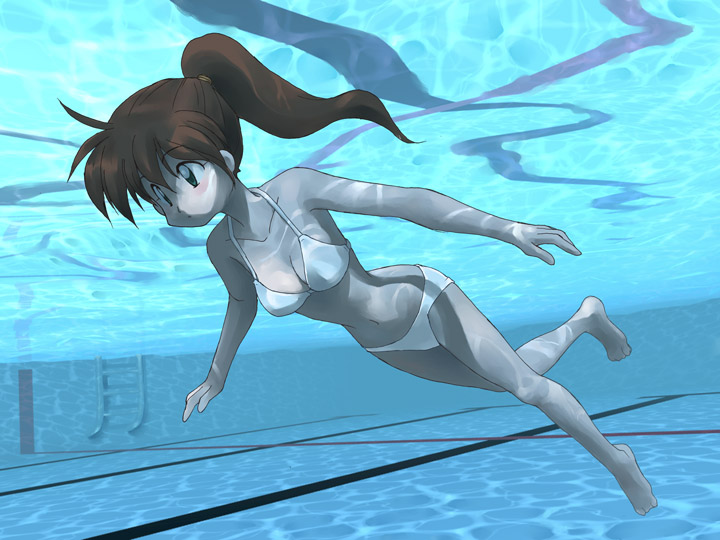 masuki, barefoot, bikini, brown hair, green eyes, long hair, ponytail, pool, solo, swimming, swimsuit, underwater