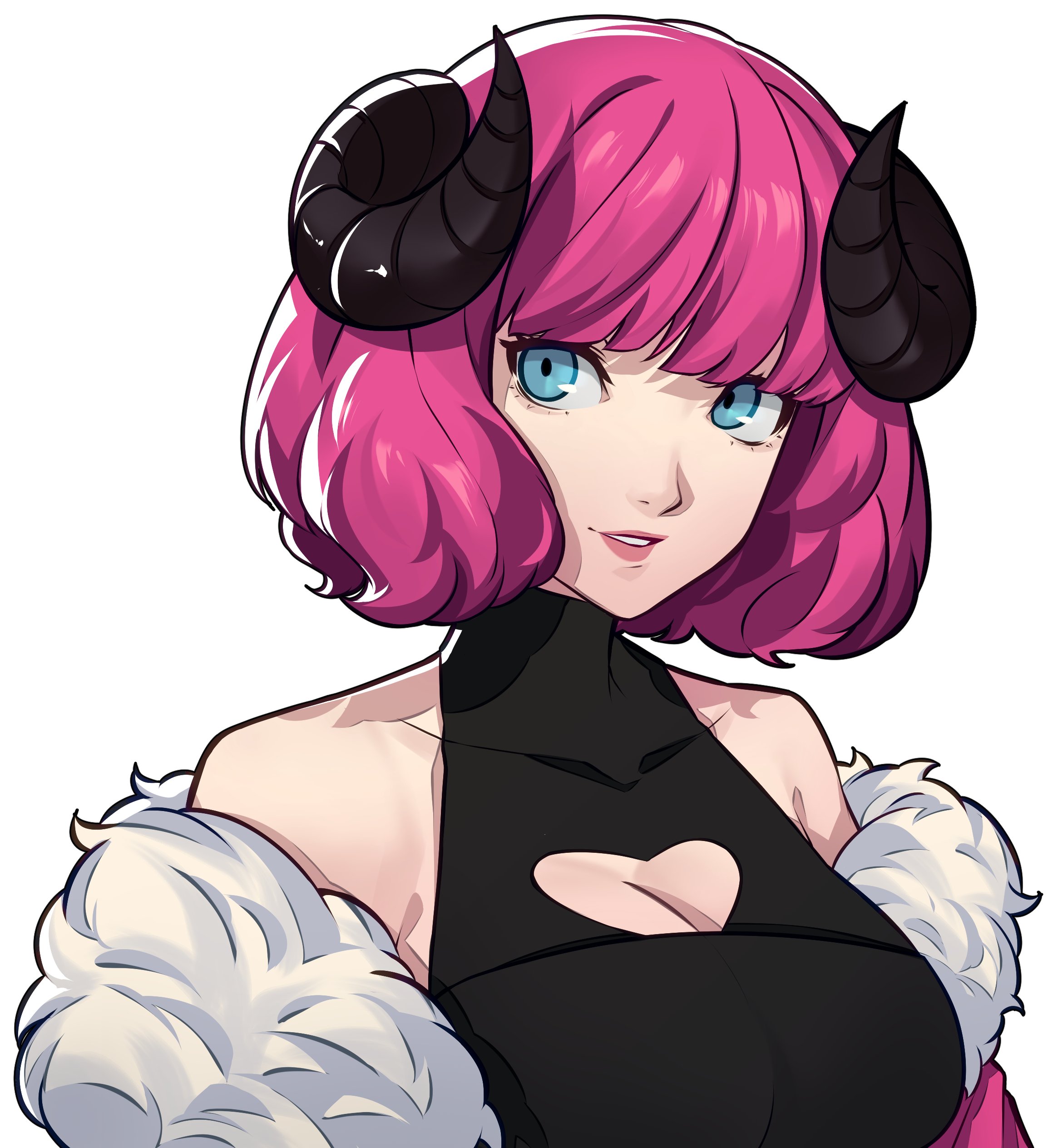 wanderstillart, original, persona, absurdres, commentary, commission, highres, 1girl, black horns, blue eyes, breasts, clothing cutout, curled horns, fur trim, horns, large breasts, lips, looking at viewer, off shoulder, parted lips, pink hair, pink lips, short hair, simple background, smile, solo, white background