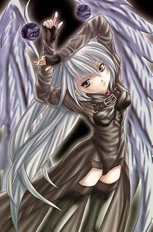chikaya t, elfit, 8th angel ~shuumatsu no tenshi~, lowres, 1girl, angel wings, female focus, fingerless gloves, gloves, grey eyes, grey hair, long hair, orb, solo, thighhighs, wings