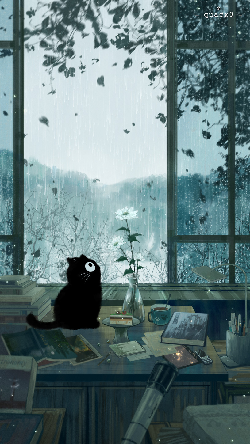 quacx3, original, commentary, english commentary, highres, animal, artist name, black cat, book, cat, cellphone, cup, day, falling leaves, flower, indoors, leaf, no humans, overcast, phone, pile of books, rain, scenery, sky, table, teacup, upside-down book, vase, white flower, window