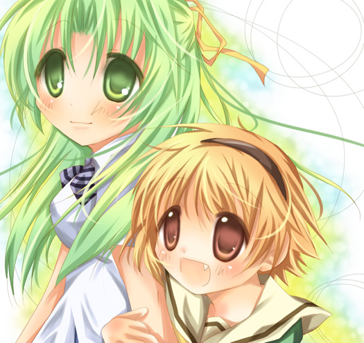 tsukishio kanoka, houjou satoko, sonozaki shion, higurashi no naku koro ni, 00s, brown eyes, fang, green eyes, green hair, long hair, school uniform, short hair