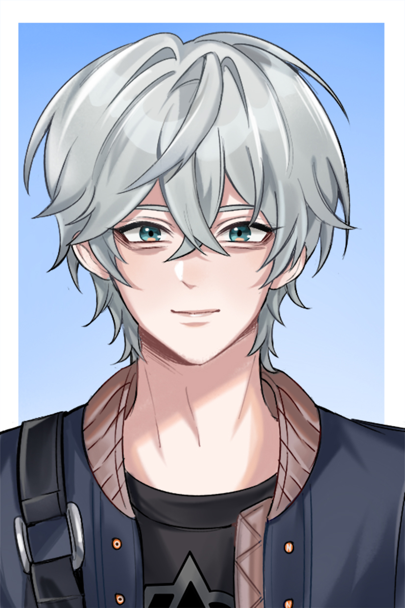 felichiii, wise (zenless zone zero), zenless zone zero, commentary, english commentary, highres, 1boy, black shirt, blue background, blue jacket, border, closed mouth, crossed bangs, green eyes, grey hair, jacket, looking at viewer, male focus, shirt, smile, white border
