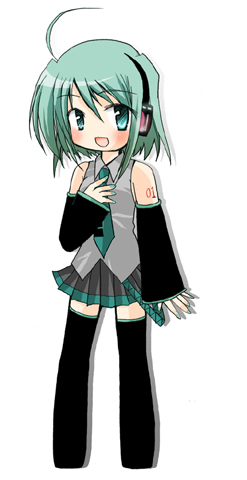 inscco, hatsune miku, vocaloid, bad id, bad pixiv id, lowres, alternate hair length, alternate hairstyle, chibi, detached sleeves, green eyes, green hair, headphones, necktie, short hair, solo, thighhighs