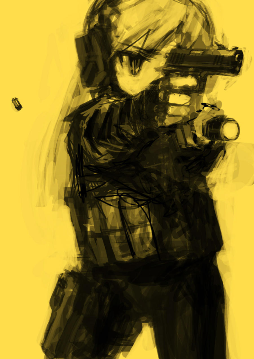 lm7 (op-center), original, 1girl, aiming, ammunition pouch, cowboy shot, ear protection, flashlight, gun, handgun, holding, holding flashlight, holding gun, holding weapon, holster, long hair, pouch, serious, shell casing, simple background, straight hair, tactical clothes, thigh holster, weapon, yellow background