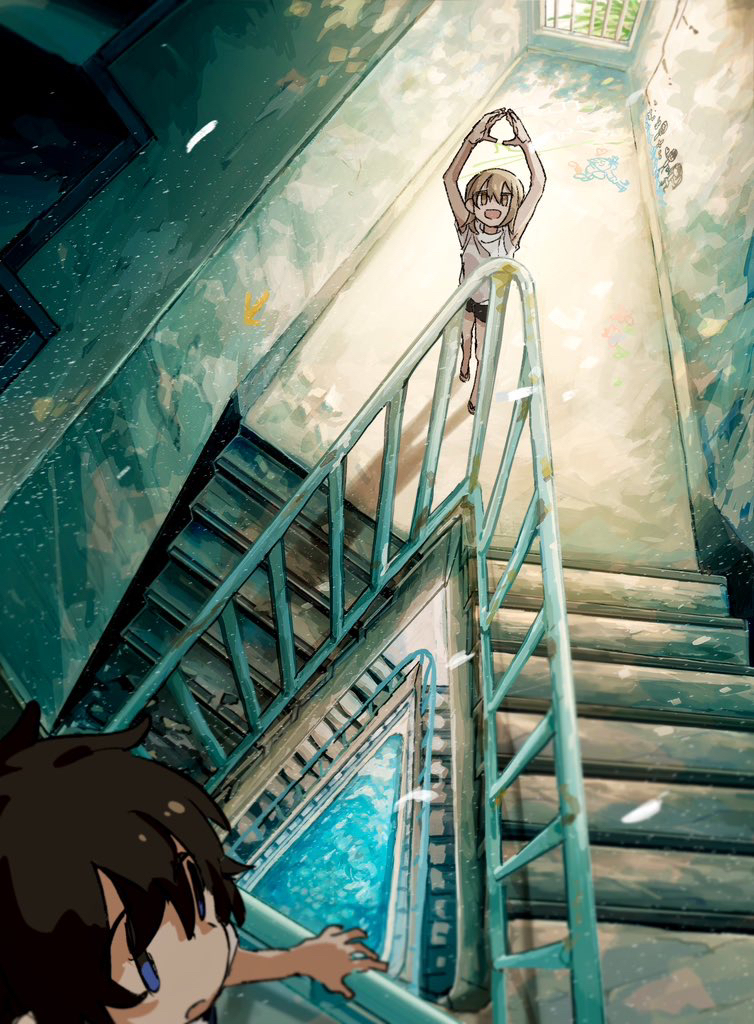 tsushima sora, original, commentary request, 1girl, 1other, ambiguous gender, arms up, black hair, black shorts, blue eyes, brown hair, hand on railing, indoors, medium hair, open mouth, out of frame, railing, shirt, shorts, stairs, standing, white shirt