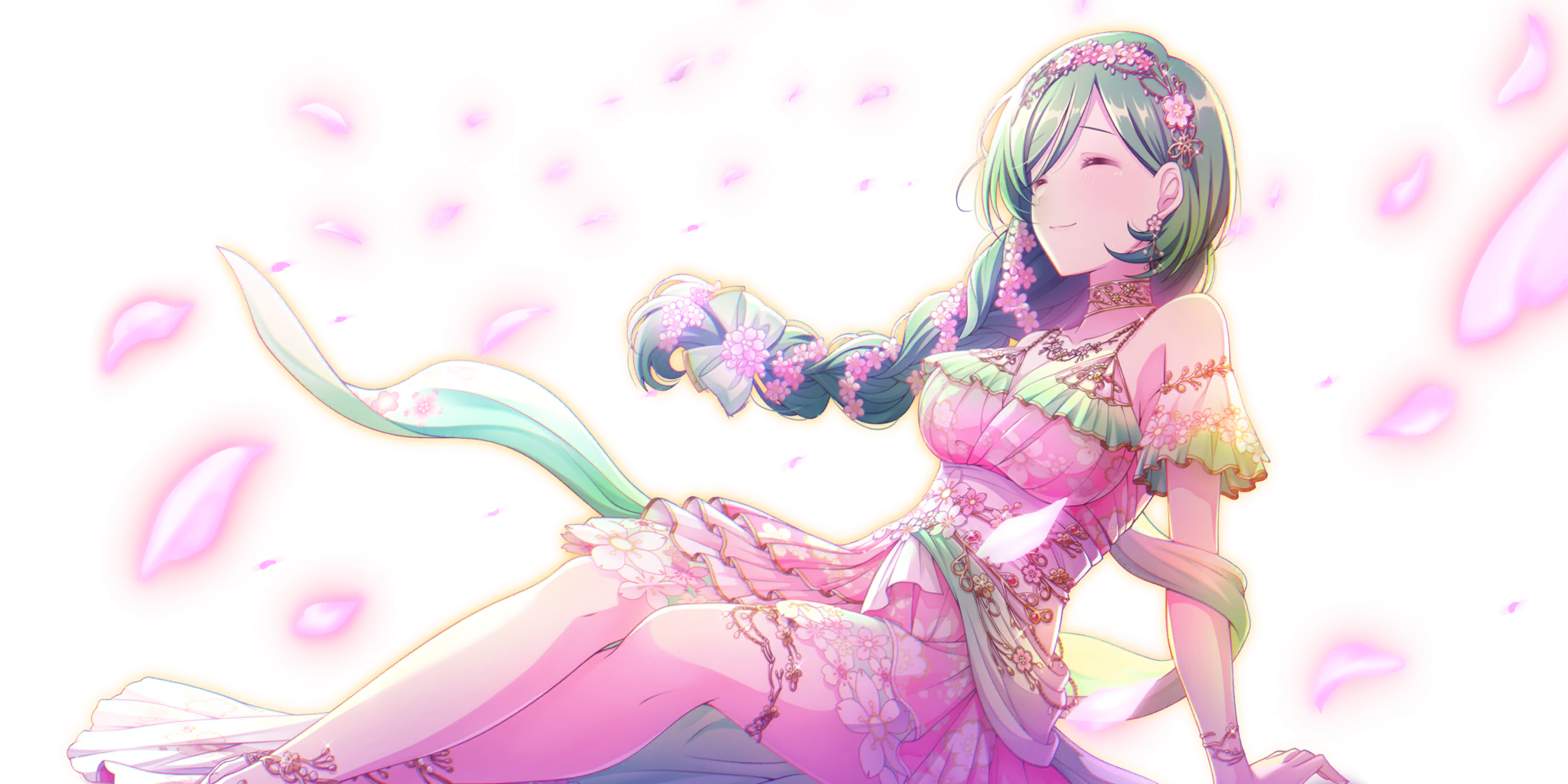 millefeuille (lapis re:lights), lapis re:lights, game cg, highres, official art, third-party source, 1girl, arm support, blurry, blurry foreground, braid, breasts, choker, cleavage, closed eyes, closed mouth, collarbone, crossed legs, detached sleeves, dress, falling petals, floral print, floral print dress, flower, from side, gold choker, green hair, hair flower, hair ornament, jewelry, large breasts, layered skirt, long braid, necklace, petals, pink dress, pink flower, pink petals, pink skirt, print dress, short sleeves, simple background, single braid, sitting, skirt, sleeveless, sleeveless dress, smile, solo, transparent background
