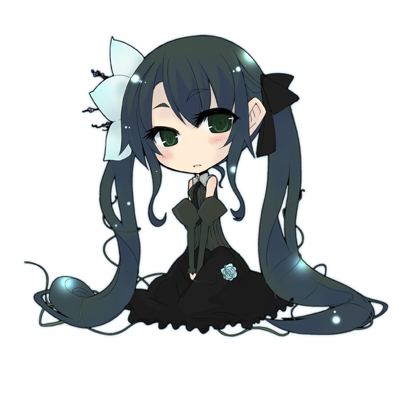 rage (rojiura), original, angry, black dress, black hair, blush, chibi, dress, flower, furious, green eyes, hair flower, hair ornament, hair ribbon, long hair, plant, ribbon, rose, solo, twintails, very long hair, vines