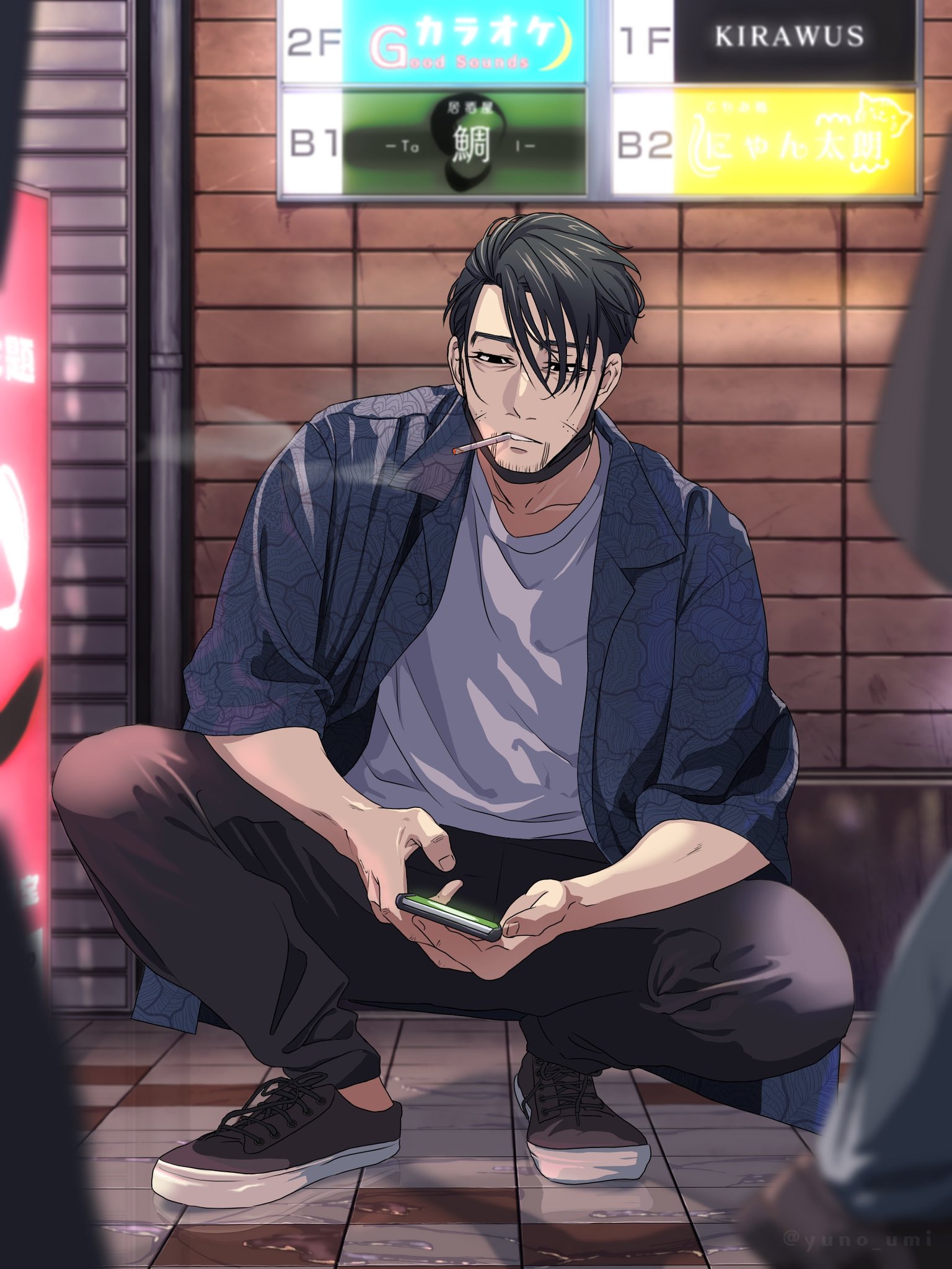 washiko (rasuko), ogata hyakunosuke, golden kamuy, commentary request, highres, 1boy, black eyes, black hair, blue shirt, cellphone, cigarette, collarbone, contemporary, grey shirt, hair between eyes, holding, holding phone, indoors, looking down, male focus, messy hair, mouth hold, open clothes, open shirt, pants, phone, reflective floor, scar, scar on face, shirt, short hair, smartphone, smoke, smoking, solo focus, squatting, tile floor, tiles