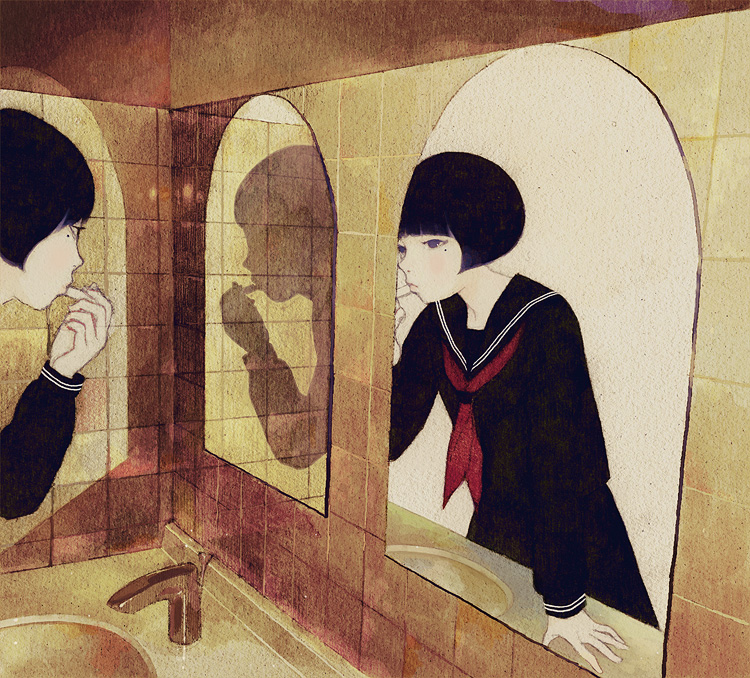 kumaori jun, original, 1girl, applying makeup, arch, arm support, black eyes, black hair, black serafuku, black shirt, black skirt, blouse, blush, bob cut, cosmetics, faucet, holding, indoors, lipstick tube, long sleeves, mirror, mole, mole under eye, neckerchief, profile, public restroom, red neckerchief, reflection, school uniform, serafuku, shadow, shirt, short hair, sink, skirt, standing, tile wall, tiles