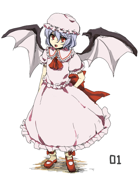 yuki (popopo), remilia scarlet, touhou, 1girl, blue hair, female focus, full body, hat, red eyes, skirt, solo, white background, wings